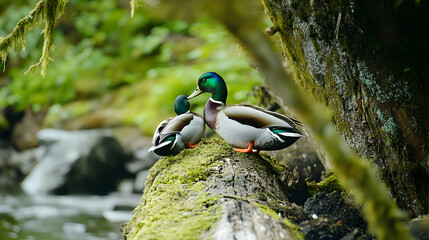 Mallard ducks resting together on a moss-covered log over creek; scenic nature background. Wildlife stock photo