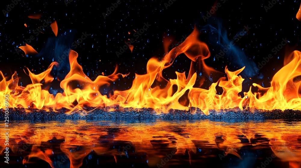 Poster dramatic and intense image of a raging inferno with massive flames reflected on the surface of rippl