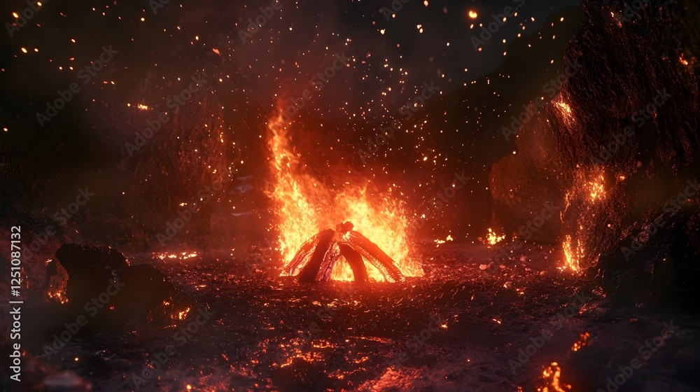 Poster dramatic and powerful volcanic eruption with raging flames scorching lava flow and billowing smoke t