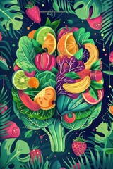 Cognitive Health Concept: Brain Formed from Vibrant Vegetables and Fruits for Balanced Nutrition Ideas