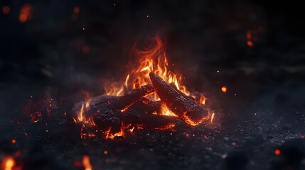 Dramatic glowing campfire lighting up the dark night sky casting a warm glow over the wilderness landscape  Cozy and rustic scene with burning logs flames and sparks against a backdrop of stars