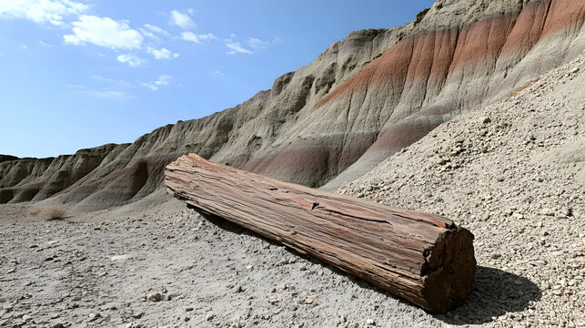 Petrified log in desert landscape. Nature background, geology example, outdoor, scientific study, environment, travel