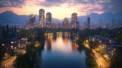 Obraz premium Serene city skyline at dusk with illuminated buildings and calm river reflections