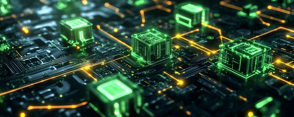 High-tech circuit board with glowing microchips and intricate electrical connections in green and black theme