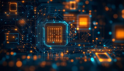 Futuristic Circuit Board with Glowing Orange CPU, Technology Background, Blue and Orange Lights