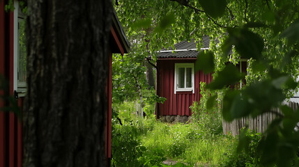Red cottage nestled among foliage in summer, idyllic landscape view. Could be used for travel, real estate or summer themed articles