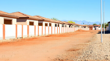 Fototapeta premium Row of homes line a long street in a desert town beneath mountains, representing suburban living or a new construction development