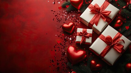 White gift boxes with red ribbon bows, heart shaped balloons, and shiny confetti are displayed as Valentine's Day decorations on a red background with blank space in this top view photo.