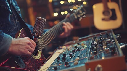 A retro recording setup featuring a ribbon microphone and reel-to-reel tape recorder, with a musician tuning a guitar