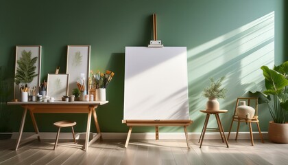 Generated image Minimalist Art Studio with Blank Canvas on Easel – Soft Green Walls, Natural Light, Modern Interior