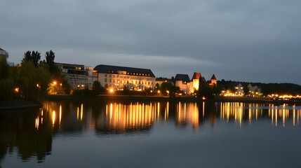 Obraz premium Serene cityscape reflected in calm river at night, lights illuminate buildings, trees, waterfront walkway. Stock photography