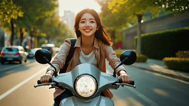 Young asian woman confidently rides scooter down sunlit city street, hair flowing in breeze. Freedom and adventure. Pretty girl drive moped along urban road way. Attractive female rider hurry. - Powered by Adobe