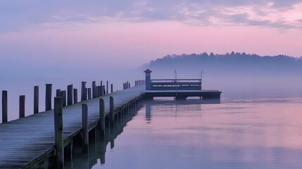 Fototapeta premium Serene morning lake scene with a wooden pier in misty light for travel, nature, and peace promotion, with forest background