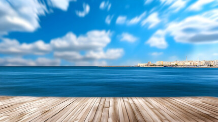 Fototapeta premium Serene seascape view with blue sea, city skyline, and wooden foreground, good for tourism or coastal promotion materials