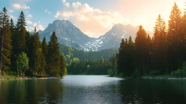 Serene mountain lake reflects forest, with snow-capped peaks in the background during sunset, use for travel or nature themed content