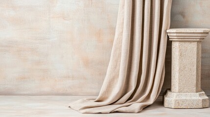 Wedding Runner Draped and Altar, A soft, beige draped fabric cascades elegantly next to a textured stone pedestal, set against a warm, neutral background.