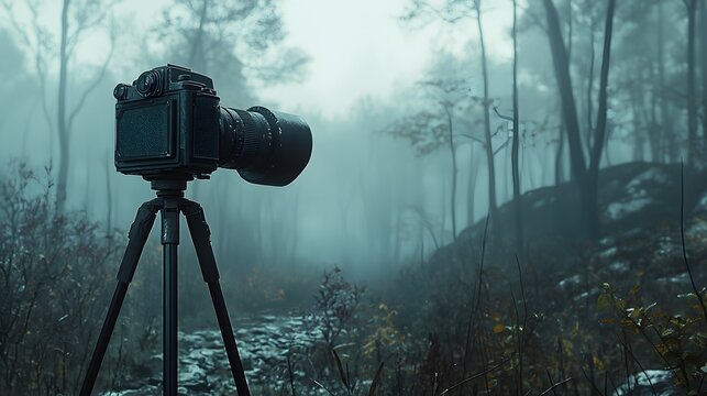 Fototapeta A retro SLR camera with a zoom lens mounted on a tripod, aimed at a misty forest in early morning light