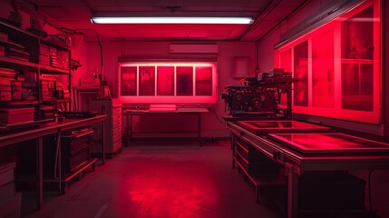 A glowing red darkroom filled with hanging negatives, trays of developing solution, and a vintage enlarger