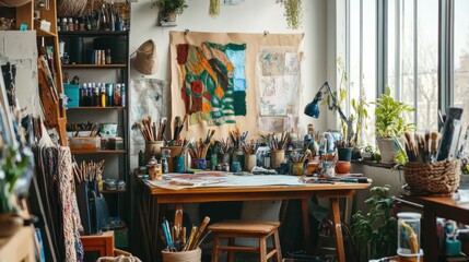 A studio filled with art supplies and plants.