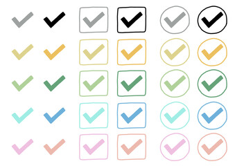 チェックマーク　パステル　カラー　手書き　セット　ベクター
