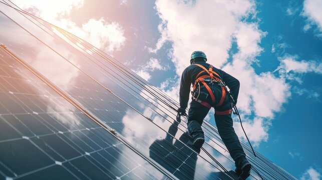 A man in an orange safety harness is climbing a solar panel. Generative AI