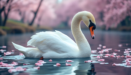 Fototapeta premium White swan gracefully swimming on a calm lake surrounded by pink cherry blossoms and floating petals in a serene spring setting