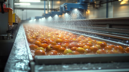 Fototapeta premium A modern industrial setup showcasing a conveyor belt with oranges being washed, highlighting the process of fruit processing in a factory