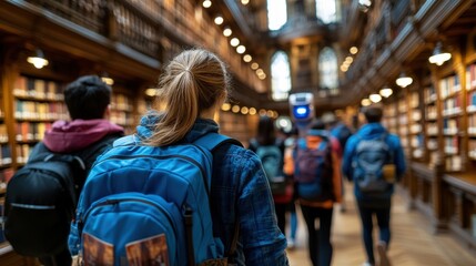 A group of students walks through an ornate library, surrounded by shelves filled with ancient books, illuminated by warm lighting creating an inspiring atmosphere for learning.