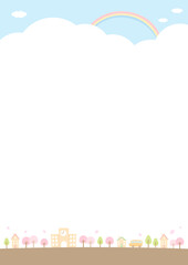 春の学校とスクールバスのあるおしゃれな街並みと桜の風景05