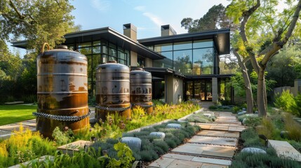 Naklejka premium Futuristic Home Exterior with Eco-Friendly Rain Chains and Water Collection Design
