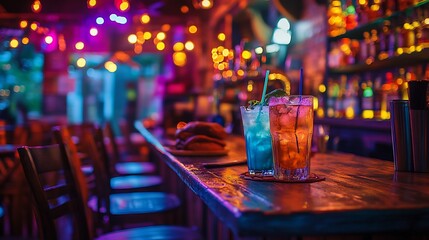 Cocktails at vibrant bar, nightlife scene