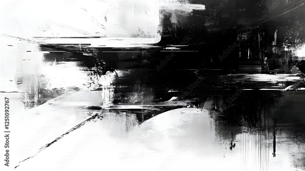 Aufkleber dramatic monochrome abstract landscape painting with blurred and distorted brushstrokes creating a m