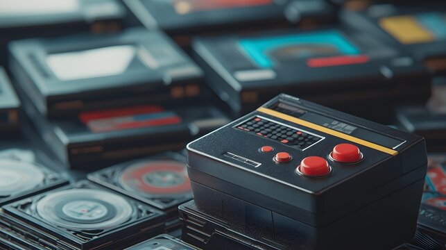 A close-up of a retro joystick with a bright red button, placed beside a collection of floppy disks