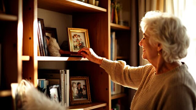 Elderly woman dusting bookshelf in sunlit living room with feather duster