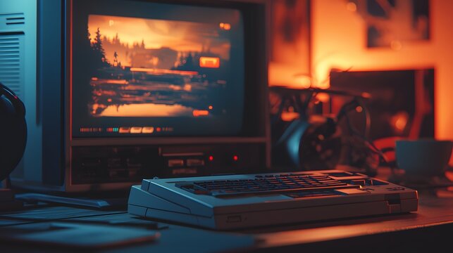 A detailed shot of an external floppy disk drive connected to a retro PC, with a game loading screen in the background