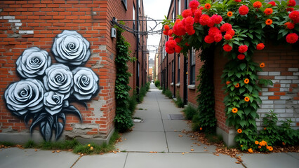 A charming urban alleyway framed by red brick buildings, featuring a striking black-and-white rose mural on one side and vibrant red and orange flowers cascading from the other. A blend of street art 