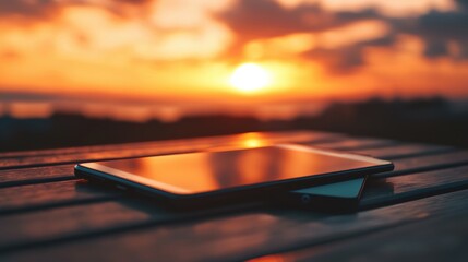Smartphone resting on a wooden table with a beautiful sunset in the background. the sky is filled with orange and yellow hues, with the sun partially visible in the top right corner.