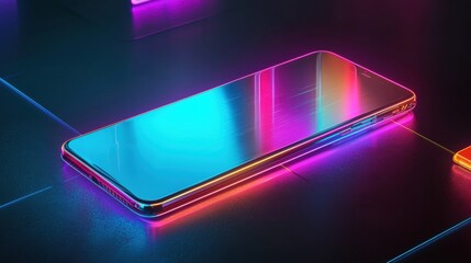 Smartphone lying on its side on a dark surface. the phone has a rectangular shape with a curved edge and a large screen.