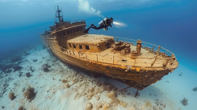 Deep-sea diver exploring a mysterious shipwreck in dark ocean depths