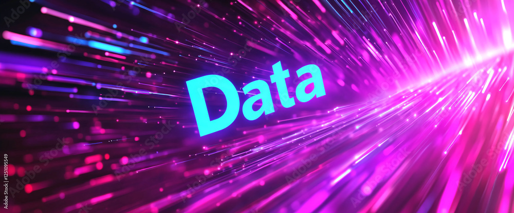 Aufkleber Abstract data visualization with neon glowing lines and the word 'Data' symbolizing modern technology, digital transformation, and information flow in the digital era.