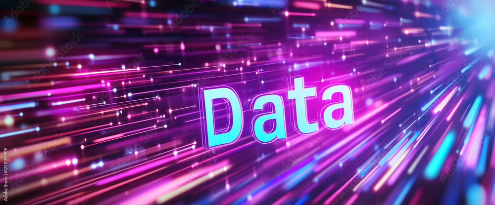 Aufkleber Abstract digital data flow with neon glowing lines and the word 'Data' representing modern technology, digital transformation, and information processing in the digital world.