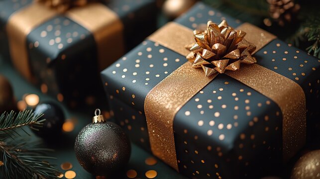 Extravagant yuletide presents. An luxurious black gift boxes wrapped in golden ribbons, accompanied by stylish tree ornaments and confetti on a green surface, ready for your message or ad.