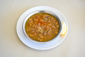 Turkish Traditional Tripe Soup. Iskembe, tuzlama, sirdan, beyran, ayak paca, kelle paca corbasi.