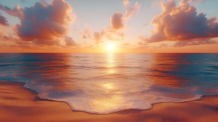 Golden Sunset Over Calm Ocean Beach