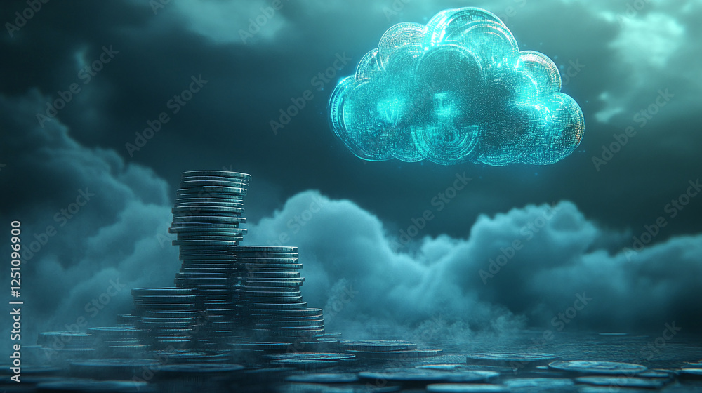 Poster a stack of coins with a glowing digital cloud above, representing the concept of cloud computing, di