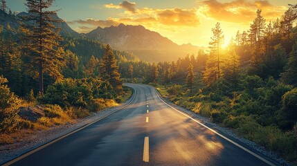 Fototapeta premium Winding Road Through Majestic Mountain Landscape at Sunset