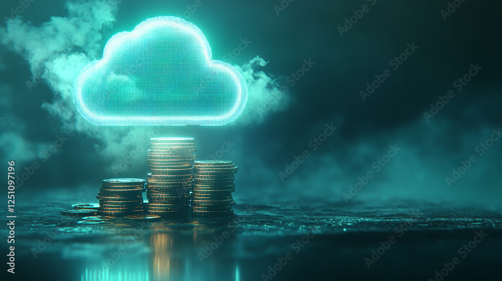 Poster A stack of coins beneath a glowing digital cloud, representing the intersection of cloud computing and digital finance, showcasing the future of online banking and cryptocurrency.