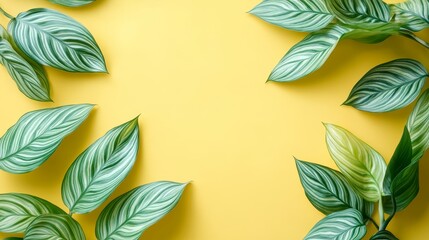 Green and Yellow Green Tropical Leaves Frame on a Vibrant Yellow Background, Top View