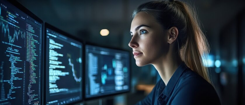 Female entrepreneurs inspiration Concept. Focused woman analyzing data on multiple screens in a dimly lit environment, showcasing technology and concentration.