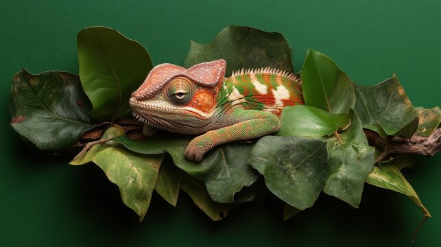 A colorful chameleon relaxes on lush green leaves, emphasizing the extraordinary abilities of this reptile to blend into its surroundings while showcasing nature's beautiful artistry and vibrant hues
